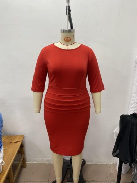 Plus Size Crew Neck Bodycon Dress, Elegant 3/4 Sleeve Midi Dress For Party, Women's Plus Size Clothing