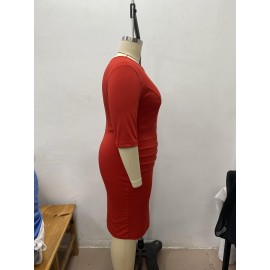 Plus Size Crew Neck Bodycon Dress, Elegant 3/4 Sleeve Midi Dress For Party, Women's Plus Size Clothing Plus Size Crew Neck Bodycon Dress, Elegant 3/4 Sleeve Midi Dress For Party, Women's Plus Size Clothing