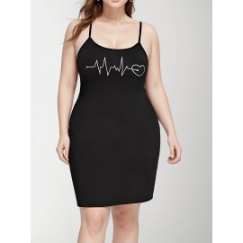 Plus Size Heart Print Cami Dress, Casual Sleeveless Crew Neck Above Knee Dress For Spring & Summer, Women's Plus Size Clothing