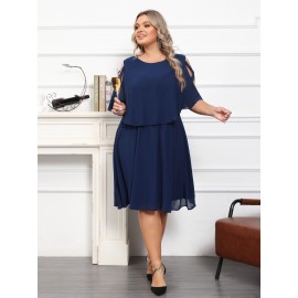 2 In 1 Plus Size Solid Cutout Loose Dress, Casual Side Cross Irregular Cape Sleeve Dress For Spring & Summer, Women's Plus Size Clothing 2 In 1 Plus Size Solid Cutout Loose Dress, Casual Side Cross Irregular Cape Sleeve Dress For Spring & Summer, Women's Plus Size Clothing