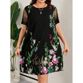 Plus Size Floral Print Dress - Flowy & Feminine with Mesh Detailing - Short Sleeve, Loose Fit for Spring & Summer - Perfect Casual Wear for Trendsetting Women