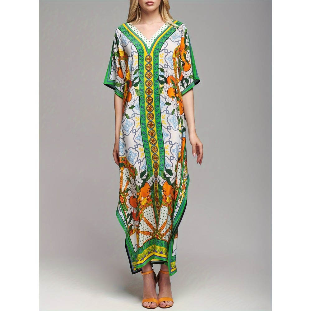 Plus Size Allover Print Coverup Dress, Vacation Batwing Sleeve Loose Beachwear Dress, Women's Plus Size Clothing Plus Size Allover Print Coverup Dress, Vacation Batwing Sleeve Loose Beachwear Dress, Women's Plus Size Clothing