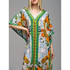 Plus Size Allover Print Coverup Dress, Vacation Batwing Sleeve Loose Beachwear Dress, Women's Plus Size Clothing Plus Size Allover Print Coverup Dress, Vacation Batwing Sleeve Loose Beachwear Dress, Women's Plus Size Clothing