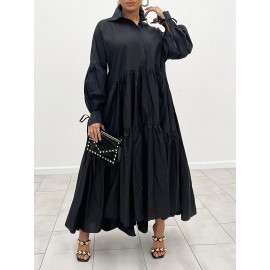 Flattering Plus Size Solid Color Maxi Dress - Refined Collar, Flowy Ruffle Hem, Long Sleeve Design - Perfect for Spring & Fall - Comfortable, Stylish Womens Wear for All Occasions