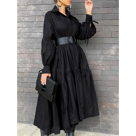 Flattering Plus Size Solid Color Maxi Dress - Refined Collar, Flowy Ruffle Hem, Long Sleeve Design - Perfect for Spring & Fall - Comfortable, Stylish Womens Wear for All Occasions Flattering Plus Size Solid Color Maxi Dress - Refined Collar, Flowy Ruffle Hem, Long Sleeve Design - Perfect for Spring & Fall - Comfortable, Stylish Womens Wear for All Occasions