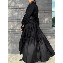 Flattering Plus Size Solid Color Maxi Dress - Refined Collar, Flowy Ruffle Hem, Long Sleeve Design - Perfect for Spring & Fall - Comfortable, Stylish Womens Wear for All Occasions Flattering Plus Size Solid Color Maxi Dress - Refined Collar, Flowy Ruffle Hem, Long Sleeve Design - Perfect for Spring & Fall - Comfortable, Stylish Womens Wear for All Occasions