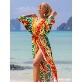 Women's Kaftan Beach Smock Positioning Print Cotton Long Cardigan Sun Protection Resort Seaside