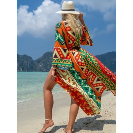 Women's Kaftan Beach Smock Positioning Print Cotton Long Cardigan Sun Protection Resort Seaside Women's Kaftan Beach Smock Positioning Print Cotton Long Cardigan Sun Protection Resort Seaside