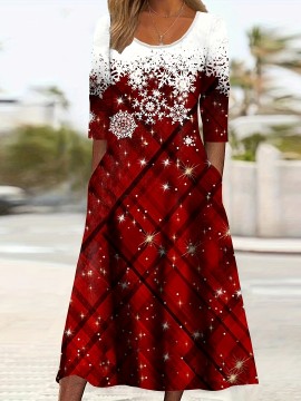 Plus Size Casual Dress, Women's Plus Snowflake & Plaid Print Long Sleeve Round Neck Dress With Pockets