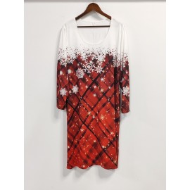 Plus Size Casual Dress, Women's Plus Snowflake & Plaid Print Long Sleeve Round Neck Dress With Pockets Plus Size Casual Dress, Women's Plus Snowflake & Plaid Print Long Sleeve Round Neck Dress With Pockets
