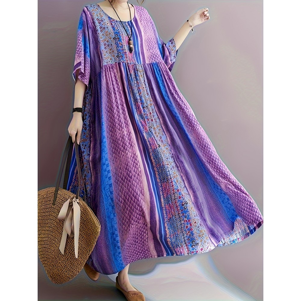 Plus Size Peplum Vacation Dress - Short Sleeve Crew Neck, Loose Fit, Cotton Blend, Patchwork Floral Print, Long Length, Pullover, Weekend Casual Wear for Summer Plus Size Peplum Vacation Dress - Short Sleeve Crew Neck, Loose Fit, Cotton Blend, Patchwork Floral Print, Long Length, Pullover, Weekend Casual Wear for Summer