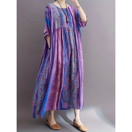 Plus Size Peplum Vacation Dress - Short Sleeve Crew Neck, Loose Fit, Cotton Blend, Patchwork Floral Print, Long Length, Pullover, Weekend Casual Wear for Summer Plus Size Peplum Vacation Dress - Short Sleeve Crew Neck, Loose Fit, Cotton Blend, Patchwork Floral Print, Long Length, Pullover, Weekend Casual Wear for Summer