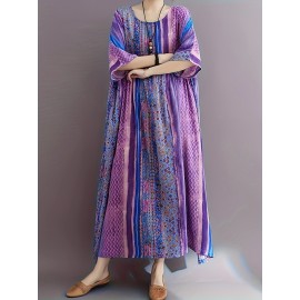 Plus Size Peplum Vacation Dress - Short Sleeve Crew Neck, Loose Fit, Cotton Blend, Patchwork Floral Print, Long Length, Pullover, Weekend Casual Wear for Summer Plus Size Peplum Vacation Dress - Short Sleeve Crew Neck, Loose Fit, Cotton Blend, Patchwork Floral Print, Long Length, Pullover, Weekend Casual Wear for Summer