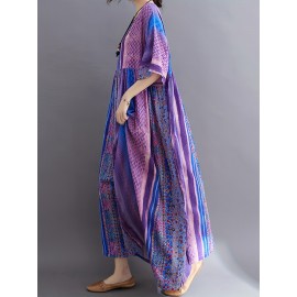 Plus Size Peplum Vacation Dress - Short Sleeve Crew Neck, Loose Fit, Cotton Blend, Patchwork Floral Print, Long Length, Pullover, Weekend Casual Wear for Summer Plus Size Peplum Vacation Dress - Short Sleeve Crew Neck, Loose Fit, Cotton Blend, Patchwork Floral Print, Long Length, Pullover, Weekend Casual Wear for Summer