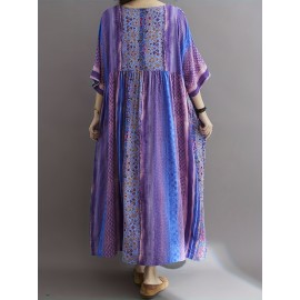 Plus Size Peplum Vacation Dress - Short Sleeve Crew Neck, Loose Fit, Cotton Blend, Patchwork Floral Print, Long Length, Pullover, Weekend Casual Wear for Summer Plus Size Peplum Vacation Dress - Short Sleeve Crew Neck, Loose Fit, Cotton Blend, Patchwork Floral Print, Long Length, Pullover, Weekend Casual Wear for Summer