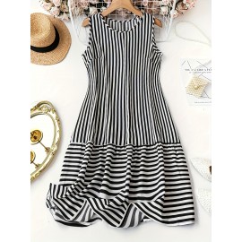 Plus Size Stripe Print Tank Dress - Relaxed Fit, Sleeveless Design for Warm Weather, Perfect for Spring and Summer - Designed for Women with Curves, Confident Fit, Everyday Wear