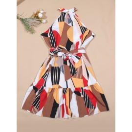 Plus Size Geo Print Halter Neck Dress, Elegant Sleeveless Belted Dress For Spring & Summer, Women's Plus Size Clothing Plus Size Geo Print Halter Neck Dress, Elegant Sleeveless Belted Dress For Spring & Summer, Women's Plus Size Clothing