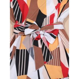 Plus Size Geo Print Halter Neck Dress, Elegant Sleeveless Belted Dress For Spring & Summer, Women's Plus Size Clothing Plus Size Geo Print Halter Neck Dress, Elegant Sleeveless Belted Dress For Spring & Summer, Women's Plus Size Clothing