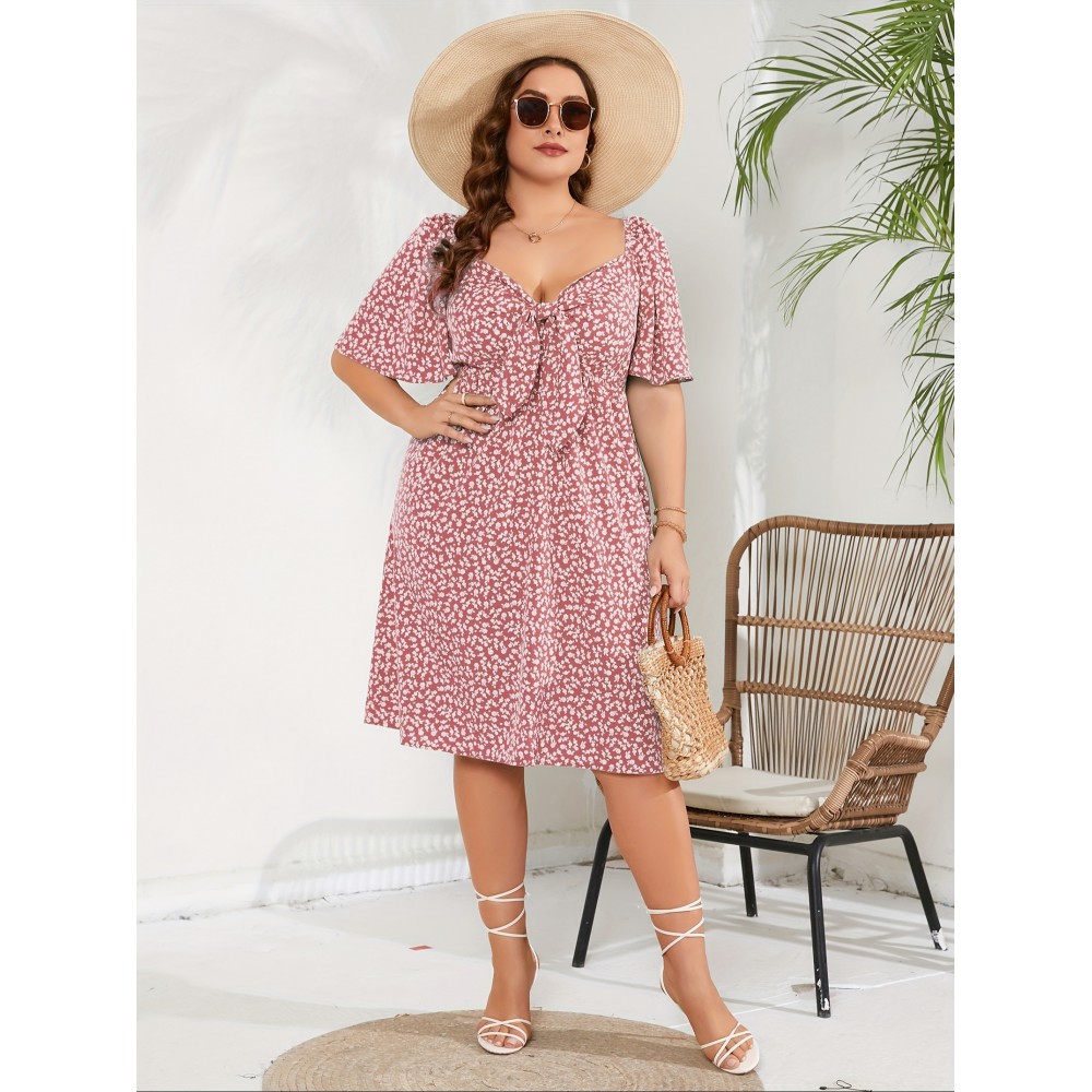 Plus Size V Neck Fitted A-Line Knee Length Wrap Dress with Pockets - Medium Stretch Polyester Floral Print Casual Party Dress for All Seasons Plus Size V Neck Fitted A-Line Knee Length Wrap Dress with Pockets - Medium Stretch Polyester Floral Print Casual Party Dress for All Seasons