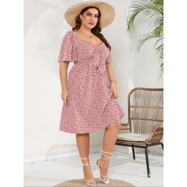 Plus Size V Neck Fitted A-Line Knee Length Wrap Dress with Pockets - Medium Stretch Polyester Floral Print Casual Party Dress for All Seasons Plus Size V Neck Fitted A-Line Knee Length Wrap Dress with Pockets - Medium Stretch Polyester Floral Print Casual Party Dress for All Seasons