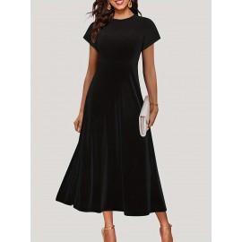 Plus Size Solid Crew Neck Midi Dress - Comfortable & Flattering Short Sleeve Style - Fashionable Casual Wear for Women