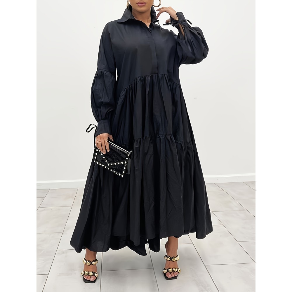 Plus Size Solid Color Collared Maxi Dress - Elegant Ruffle Hem Detailing, Comfortable Long Sleeve Design, Perfect for Casual Occasions - Suitable for Spring and Fall Seasons, Designed for Plus Size Women, Womens Clothing Collection Plus Size Solid Color Collared Maxi Dress - Elegant Ruffle Hem Detailing, Comfortable Long Sleeve Design, Perfect for Casual Occasions - Suitable for Spring and Fall Seasons, Designed for Plus Size Women, Womens Clothing Collection