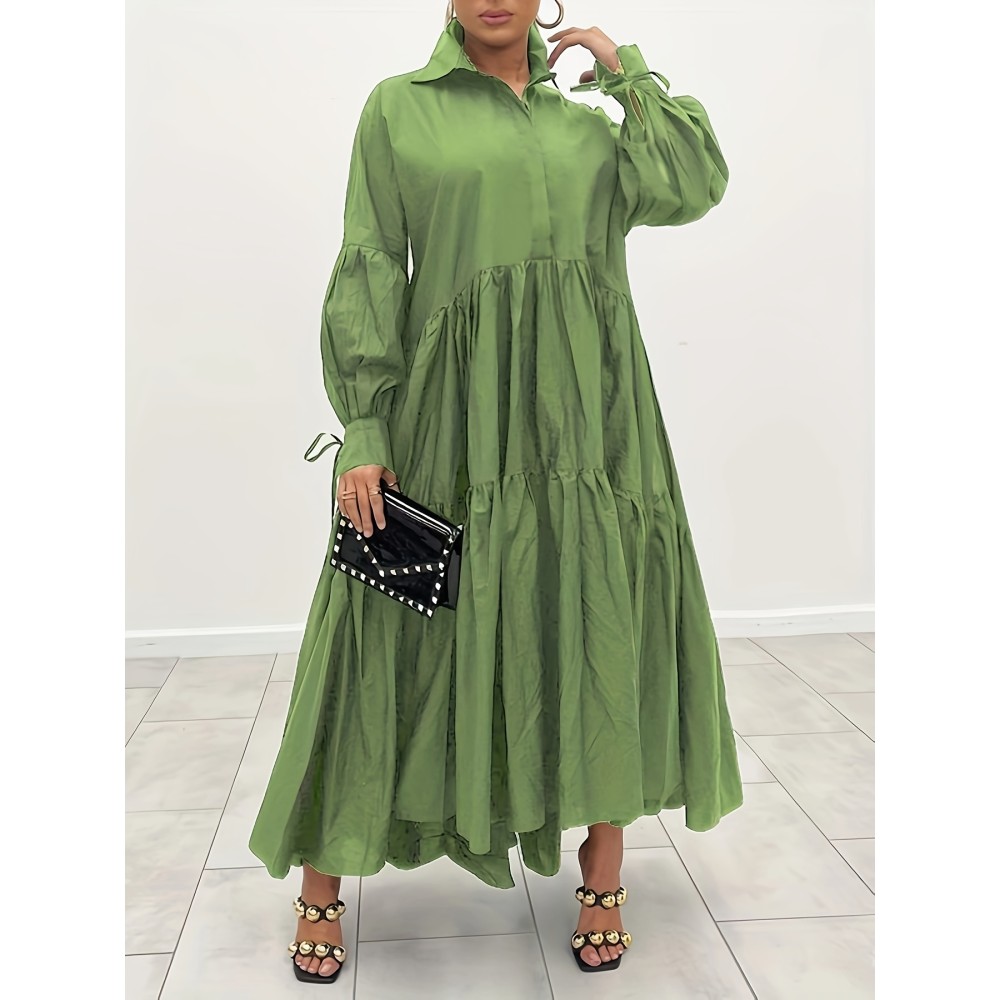 Plus Size Solid Color Collared Dress, Casual Ruffle Hem Long Sleeve Maxi Dress For Spring & Fall, Women's Plus Size Clothing Plus Size Solid Color Collared Dress, Casual Ruffle Hem Long Sleeve Maxi Dress For Spring & Fall, Women's Plus Size Clothing