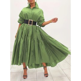 Plus Size Solid Color Collared Dress, Casual Ruffle Hem Long Sleeve Maxi Dress For Spring & Fall, Women's Plus Size Clothing Plus Size Solid Color Collared Dress, Casual Ruffle Hem Long Sleeve Maxi Dress For Spring & Fall, Women's Plus Size Clothing