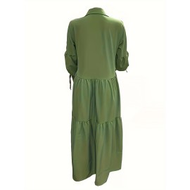 Plus Size Solid Color Collared Dress, Casual Ruffle Hem Long Sleeve Maxi Dress For Spring & Fall, Women's Plus Size Clothing Plus Size Solid Color Collared Dress, Casual Ruffle Hem Long Sleeve Maxi Dress For Spring & Fall, Women's Plus Size Clothing