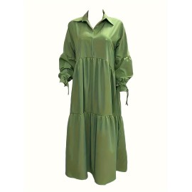 Plus Size Solid Color Collared Dress, Casual Ruffle Hem Long Sleeve Maxi Dress For Spring & Fall, Women's Plus Size Clothing Plus Size Solid Color Collared Dress, Casual Ruffle Hem Long Sleeve Maxi Dress For Spring & Fall, Women's Plus Size Clothing