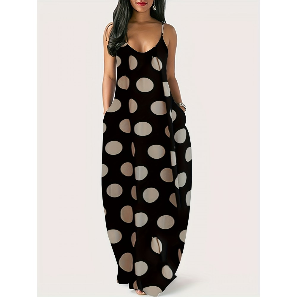 Plus Size Polka Dots Print Tank Dress, Elegant Sleeveless Slant Pockets Strap Dress For Spring & Summer, Women's Plus Size Clothing Plus Size Polka Dots Print Tank Dress, Elegant Sleeveless Slant Pockets Strap Dress For Spring & Summer, Women's Plus Size Clothing