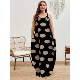 Plus Size Polka Dots Print Tank Dress, Elegant Sleeveless Slant Pockets Strap Dress For Spring & Summer, Women's Plus Size Clothing Plus Size Polka Dots Print Tank Dress, Elegant Sleeveless Slant Pockets Strap Dress For Spring & Summer, Women's Plus Size Clothing