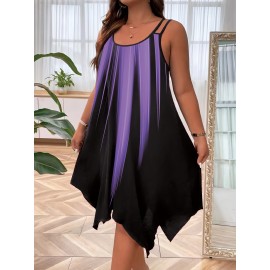 Plus Size Ombre Print Cami Slip Dress - Spaghetti Strap, Sleeveless, Crew Neck, Dual Strap, Asymmetrical Hem, Medium Stretch, Polyester, Random Printing, Vacation Style for Spring, Summer, and Fall Seasons Plus Size Ombre Print Cami Slip Dress - Spaghetti Strap, Sleeveless, Crew Neck, Dual Strap, Asymmetrical Hem, Medium Stretch, Polyester, Random Printing, Vacation Style for Spring, Summer, and Fall Seasons