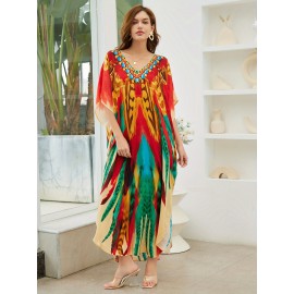 Plus Size Boho Chic Allover Print Loose Kaftan Dress - Relaxed, Comfortable Fit, Flattering V-Neckline, Dramatic Batwing Sleeves, Perfect Coverup for Any Occasion - Designed Exclusively for Women, Plus Size Friendly, Maxi Dress