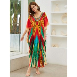 Plus Size Boho Chic Allover Print Loose Kaftan Dress - Relaxed, Comfortable Fit, Flattering V-Neckline, Dramatic Batwing Sleeves, Perfect Coverup for Any Occasion - Designed Exclusively for Women, Plus Size Friendly, Maxi Dress Plus Size Boho Chic Allover Print Loose Kaftan Dress - Relaxed, Comfortable Fit, Flattering V-Neckline, Dramatic Batwing Sleeves, Perfect Coverup for Any Occasion - Designed Exclusively for Women, Plus Size Friendly, Maxi Dress