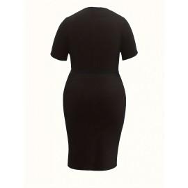 Plus Size Bodycon Crew Neck Belted Dress - Soft Medium Stretch Polyester, Casual Short Sleeve Solid Color Split Bodycon Dress for Spring & Summer - All-Season Wear, No Sheer, Knit Fabric, No Printing Plus Size Bodycon Crew Neck Belted Dress - Soft Medium Stretch Polyester, Casual Short Sleeve Solid Color Split Bodycon Dress for Spring & Summer - All-Season Wear, No Sheer, Knit Fabric, No Printing