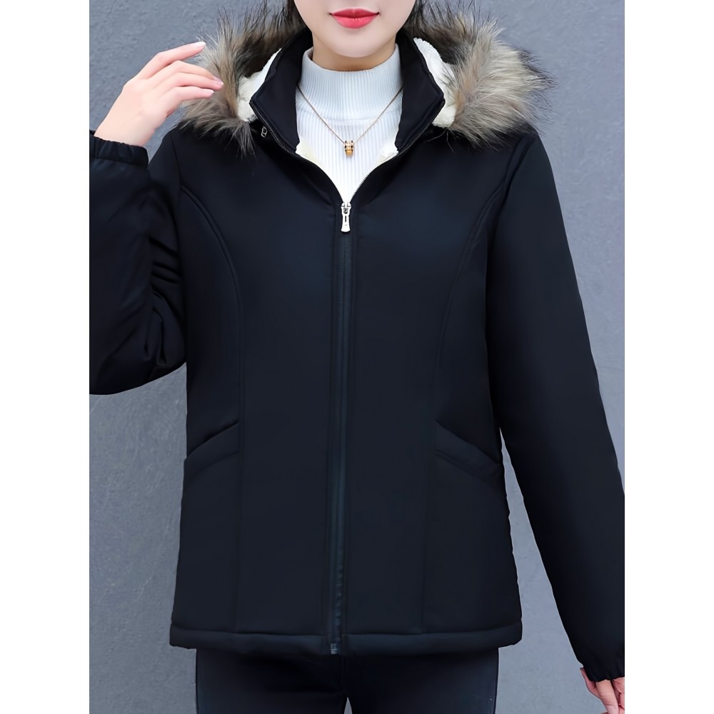 Women's Short Sleeve Winter Coat , Faux Fur Hooded Jacket, Casual Polyester Pullover, Solid Color, Regular Fit, Long Sleeve, No Belt, Zipper Front, Winter Fashion Women's Short Sleeve Winter Coat , Faux Fur Hooded Jacket, Casual Polyester Pullover, Solid Color, Regular Fit, Long Sleeve, No Belt, Zipper Front, Winter Fashion