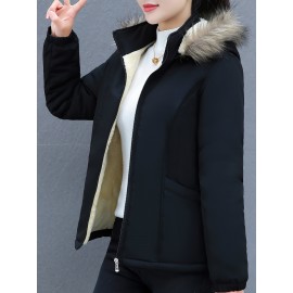 Women's Short Sleeve Winter Coat , Faux Fur Hooded Jacket, Casual Polyester Pullover, Solid Color, Regular Fit, Long Sleeve, No Belt, Zipper Front, Winter Fashion Women's Short Sleeve Winter Coat , Faux Fur Hooded Jacket, Casual Polyester Pullover, Solid Color, Regular Fit, Long Sleeve, No Belt, Zipper Front, Winter Fashion
