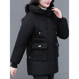 1pc Winter Women'S Casual Hooded Coat, Thickened Cotton Jacket with Zipper, Solid Color Polyester Non-Stretch Regular Length Outerwear