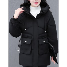 1pc Winter Women'S Casual Hooded Coat, Thickened Cotton Jacket with Zipper, Solid Color Polyester Non-Stretch Regular Length Outerwear 1pc Winter Women'S Casual Hooded Coat, Thickened Cotton Jacket with Zipper, Solid Color Polyester Non-Stretch Regular Length Outerwear