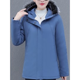 Women's Elegant Winter Coat - Thick Fleece-Lined, Hooded, Zip-Up Jacket in Solid Color