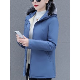 Women's Elegant Winter Coat - Thick Fleece-Lined, Hooded, Zip-Up Jacket in Solid Color Women's Elegant Winter Coat - Thick Fleece-Lined, Hooded, Zip-Up Jacket in Solid Color