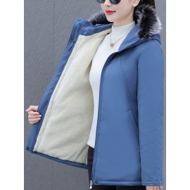 Women's Elegant Winter Coat - Thick Fleece-Lined, Hooded, Zip-Up Jacket in Solid Color Women's Elegant Winter Coat - Thick Fleece-Lined, Hooded, Zip-Up Jacket in Solid Color