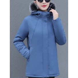 Women's Elegant Winter Coat - Thick Fleece-Lined, Hooded, Zip-Up Jacket in Solid Color Women's Elegant Winter Coat - Thick Fleece-Lined, Hooded, Zip-Up Jacket in Solid Color