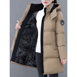 Elegant Plus Size Long Length Hooded Winter Coat with Zipper, 100% Polyester Non-Stretch Casual Style Jacket, Solid Color Warm Padded Outerwear with Regular Sleeves - Winter Collection