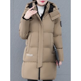 Elegant Plus Size Long Length Hooded Winter Coat with Zipper, 100% Polyester Non-Stretch Casual Style Jacket, Solid Color Warm Padded Outerwear with Regular Sleeves - Winter Collection Elegant Plus Size Long Length Hooded Winter Coat with Zipper, 100% Polyester Non-Stretch Casual Style Jacket, Solid Color Warm Padded Outerwear with Regular Sleeves - Winter Collection