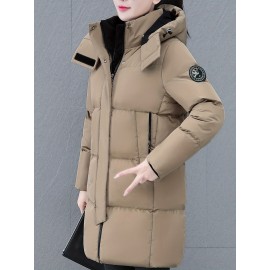 Elegant Plus Size Long Length Hooded Winter Coat with Zipper, 100% Polyester Non-Stretch Casual Style Jacket, Solid Color Warm Padded Outerwear with Regular Sleeves - Winter Collection Elegant Plus Size Long Length Hooded Winter Coat with Zipper, 100% Polyester Non-Stretch Casual Style Jacket, Solid Color Warm Padded Outerwear with Regular Sleeves - Winter Collection