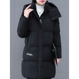 Elegant Plus Size Long Length Hooded Winter Coat with Zipper, 100% Polyester Non-Stretch Casual Style Jacket, Solid Color Warm Padded Outerwear with Regular Sleeves - Winter Collection Elegant Plus Size Long Length Hooded Winter Coat with Zipper, 100% Polyester Non-Stretch Casual Style Jacket, Solid Color Warm Padded Outerwear with Regular Sleeves - Winter Collection
