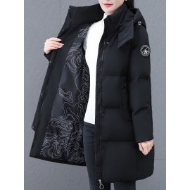 Elegant Plus Size Long Length Hooded Winter Coat with Zipper, 100% Polyester Non-Stretch Casual Style Jacket, Solid Color Warm Padded Outerwear with Regular Sleeves - Winter Collection Elegant Plus Size Long Length Hooded Winter Coat with Zipper, 100% Polyester Non-Stretch Casual Style Jacket, Solid Color Warm Padded Outerwear with Regular Sleeves - Winter Collection