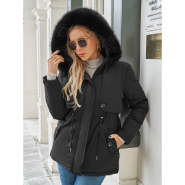 1pc Women'S Plus Size Casual Style Hooded Softshell Jacket, Polyester Fabric, Solid Color, Drawstring Detail, Regular Length, Long Sleeves for Autumn/Winter